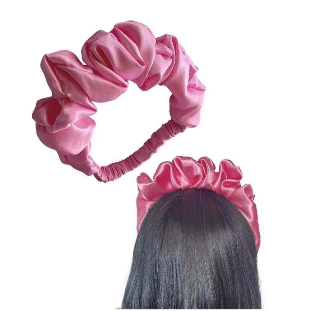 Handmade Satin Ruffle Headband Pink | Elegant Hair Accessory | Women Girls